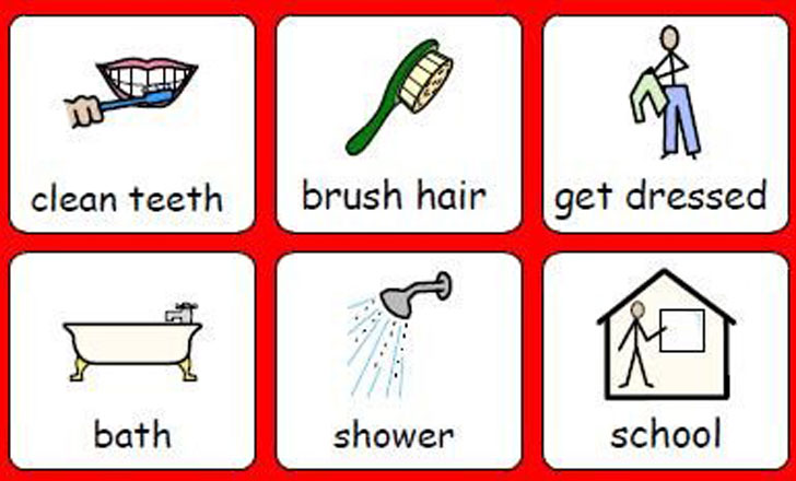 Daily routine symbols for cleaning teeth, brushing hair, showering, going to school, etc.