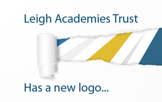 LAT Logo changing graphic, with text stating 'Leigh Academies Trust has a new logo...' with the new logo under a curled ripped piece of paper.