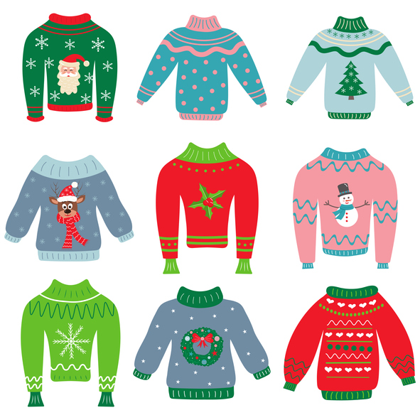 An image of nine Christmas Jumpers, each with a different design.