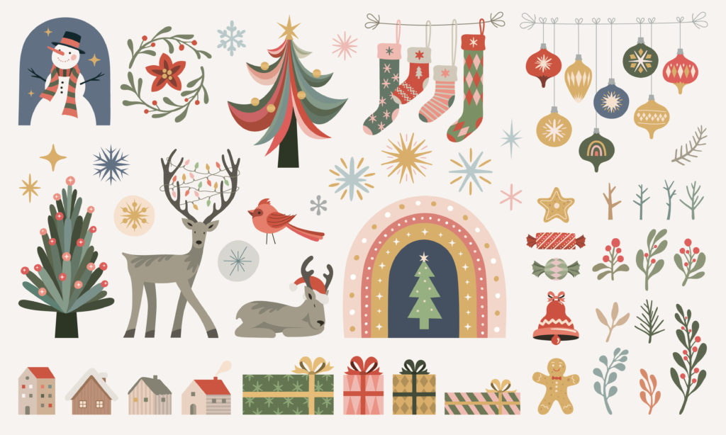 A stock graphic image showing a variety of different Christmas-themed imagery.