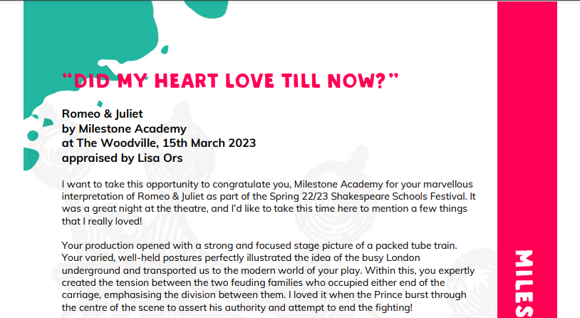 Report on the performance of 'Romeo & Juliet' by Milestone Academy at the Shakespeare Schools' Festival.