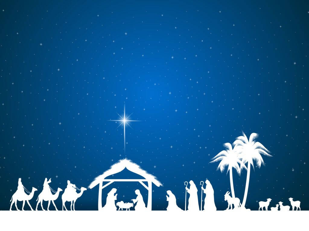 Graphic image of the Christmas Nativity story, showing white silhouettes of the characters against a dark blue sky.