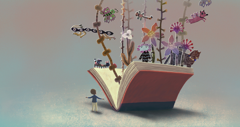 Children and a book of imagination. Concept idea art of kid,learning, adventure, education, freedom, inspiration and dream. Conceptual artwork. surreal painting. fantasy 3d illustration. boy
